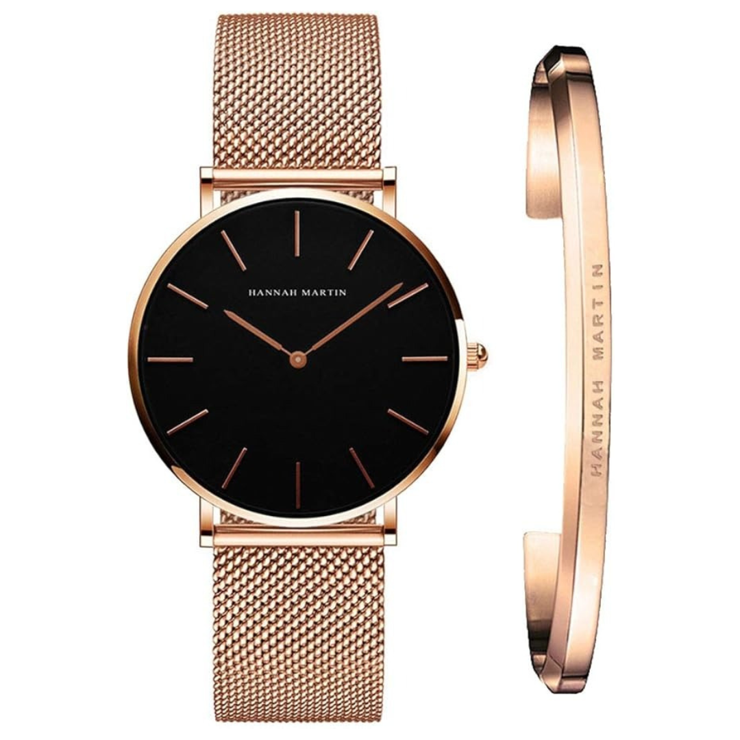 Hannah Martin Ladies Rose Gold Watch & Bracelet Gift Set – Black Dial (KES 3,800)