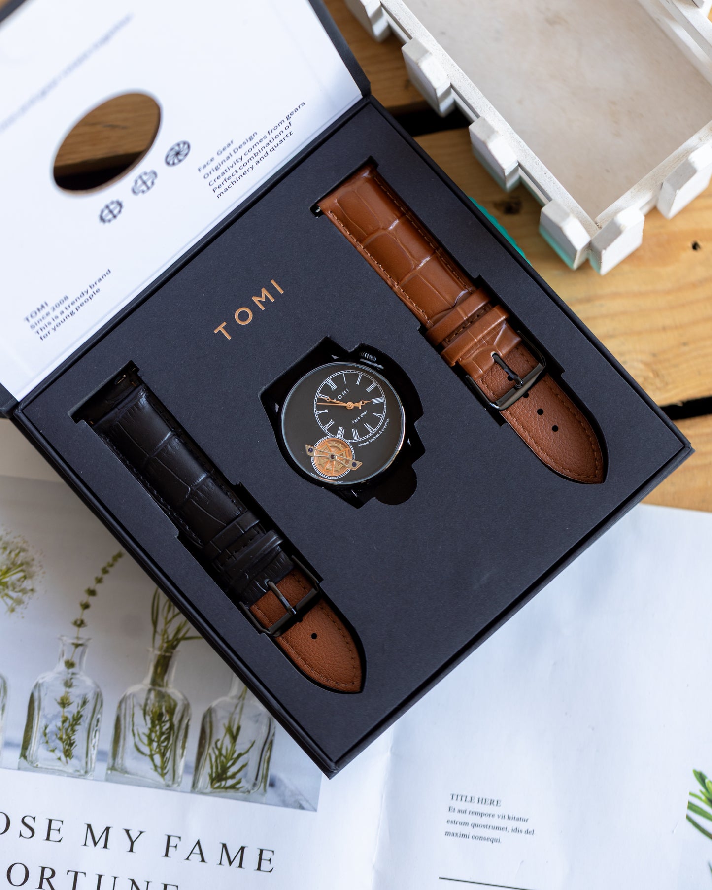 TOMI 2-in-1 Watch Set | Interchangeable Black & Brown Straps