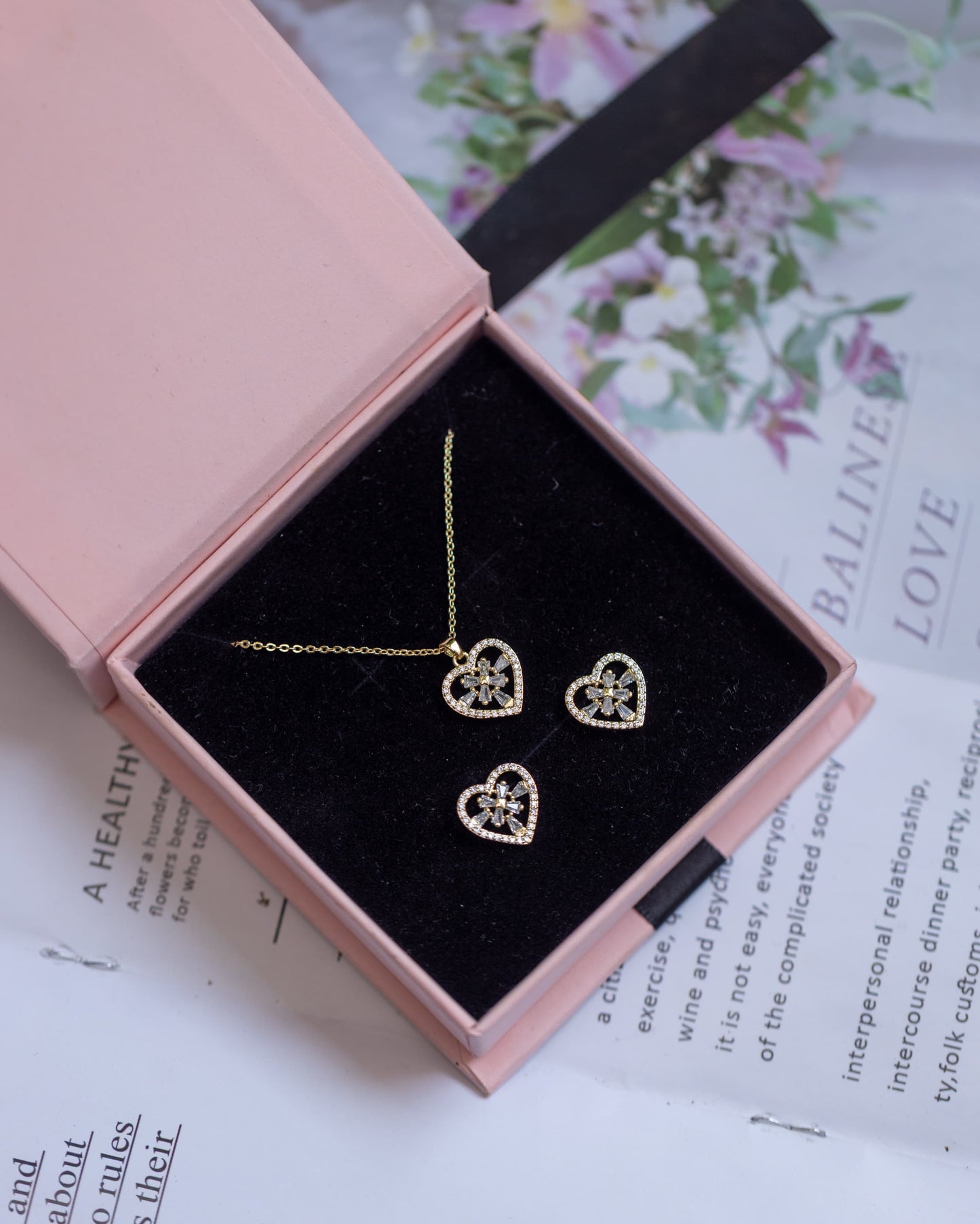 Xupin Rose Gold Crystal Heart Jewellery Set for Women — Floral Sparkle Necklace & Earrings | Gift Box Included | Valentines Gift Shop Nairobi