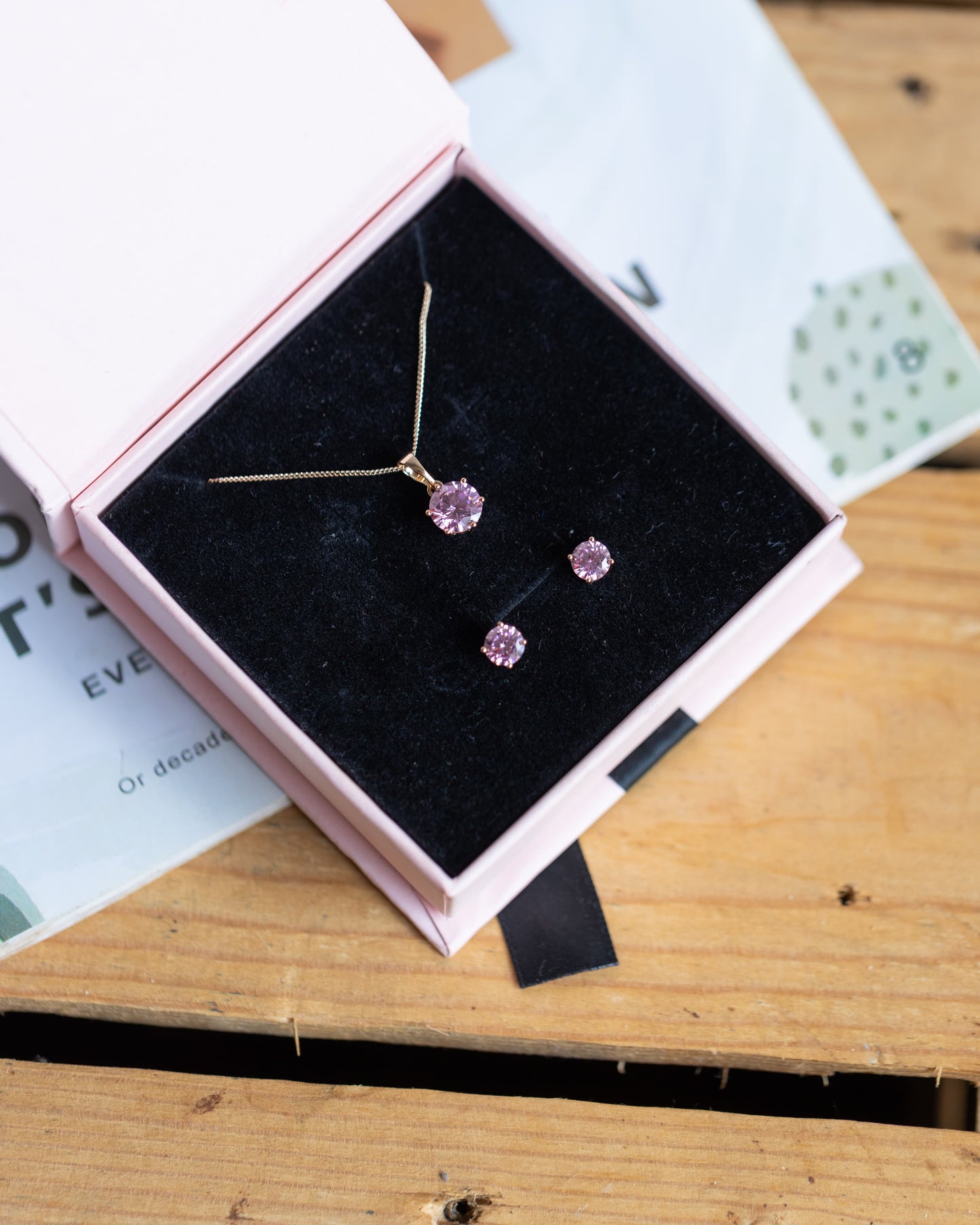 Xupin Pink Crystal Solitaire Pendant Necklace & Stud Earring Set | Tarnish Free | Hypoallergenic | Free Gift Wrapping
