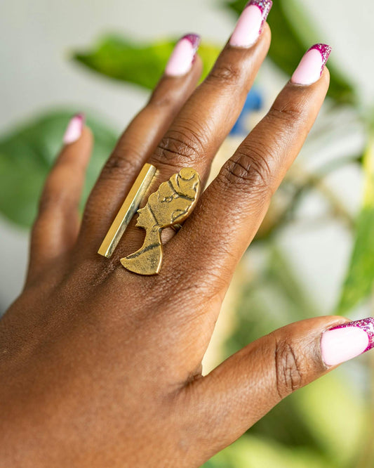 Handcrafted Pure Brass "Mama Africa" Profile Ring with Modern Bar Detail — Adjustable African Queen Silhouette Ring | 100% Kenyan Made | Authentic Statement Jewellery Nairobi