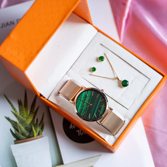 Hannah Martin Emerald Green & Rose Gold Watch + Xuping Jewelry Set (Luxury Gift at KES 4,500)