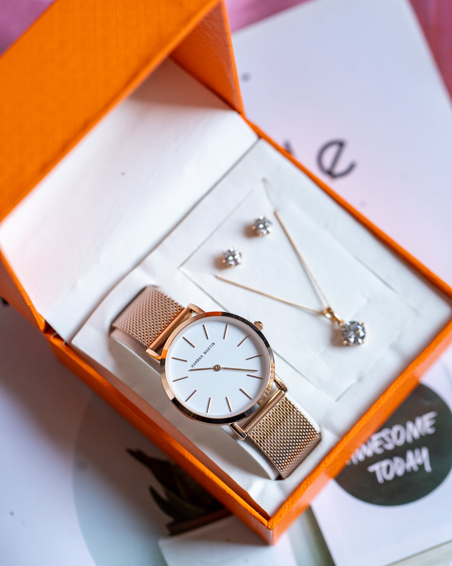 Hannah Martin Rose Gold Mesh Watch & Xuping Jewelry Gift Set