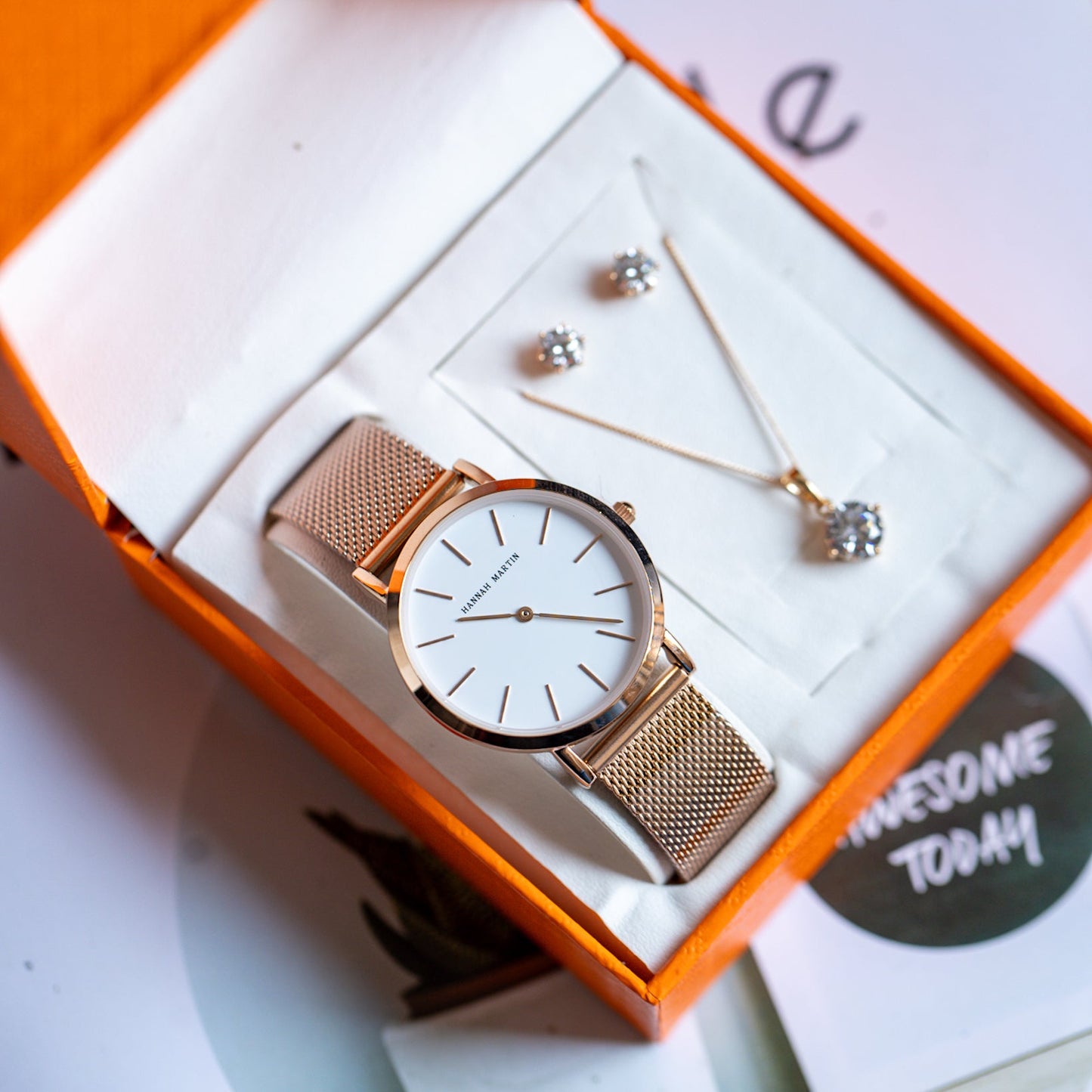 Hannah Martin Rose Gold Mesh Watch & Xuping Jewelry Gift Set