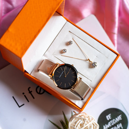 Hannah Martin Rose Gold & Matte Black Mesh Watch + Xuping Jewelry Set (KES 4,500)