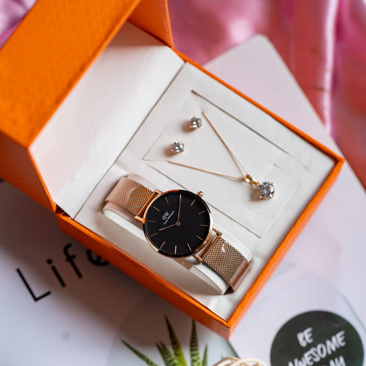 Rose Gold & Black Mesh Watch + Xuping Jewelry Set (Luxury Gift at KES 4,500)