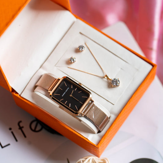 Hannah Martin Rectangular Rose Gold & Black Watch + Xuping Jewelry Set (KES 4,500)