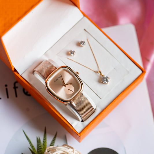 Hannah Martin Cushion-Case Rose Gold Watch & Xuping Jewelry Set (Luxury Gift at KES 4,500)