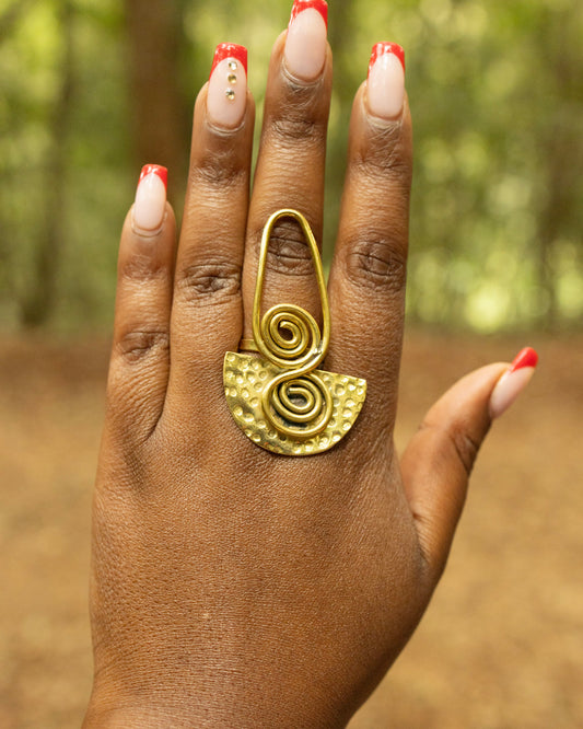 Handcrafted Pure Brass Spiral Half-Moon Statement Ring — Adjustable Double Swirl Hammered Ring | 100% Kenyan Made | Authentic African Jewellery Nairobi