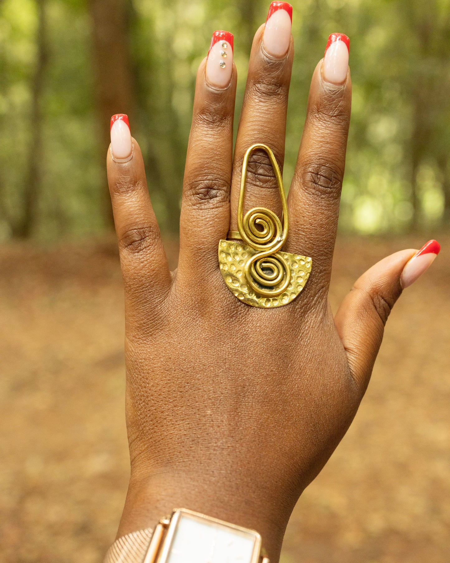 Handcrafted Pure Brass Spiral Half-Moon Statement Ring — Adjustable Double Swirl Hammered Ring | 100% Kenyan Made | Authentic African Jewellery Nairobi