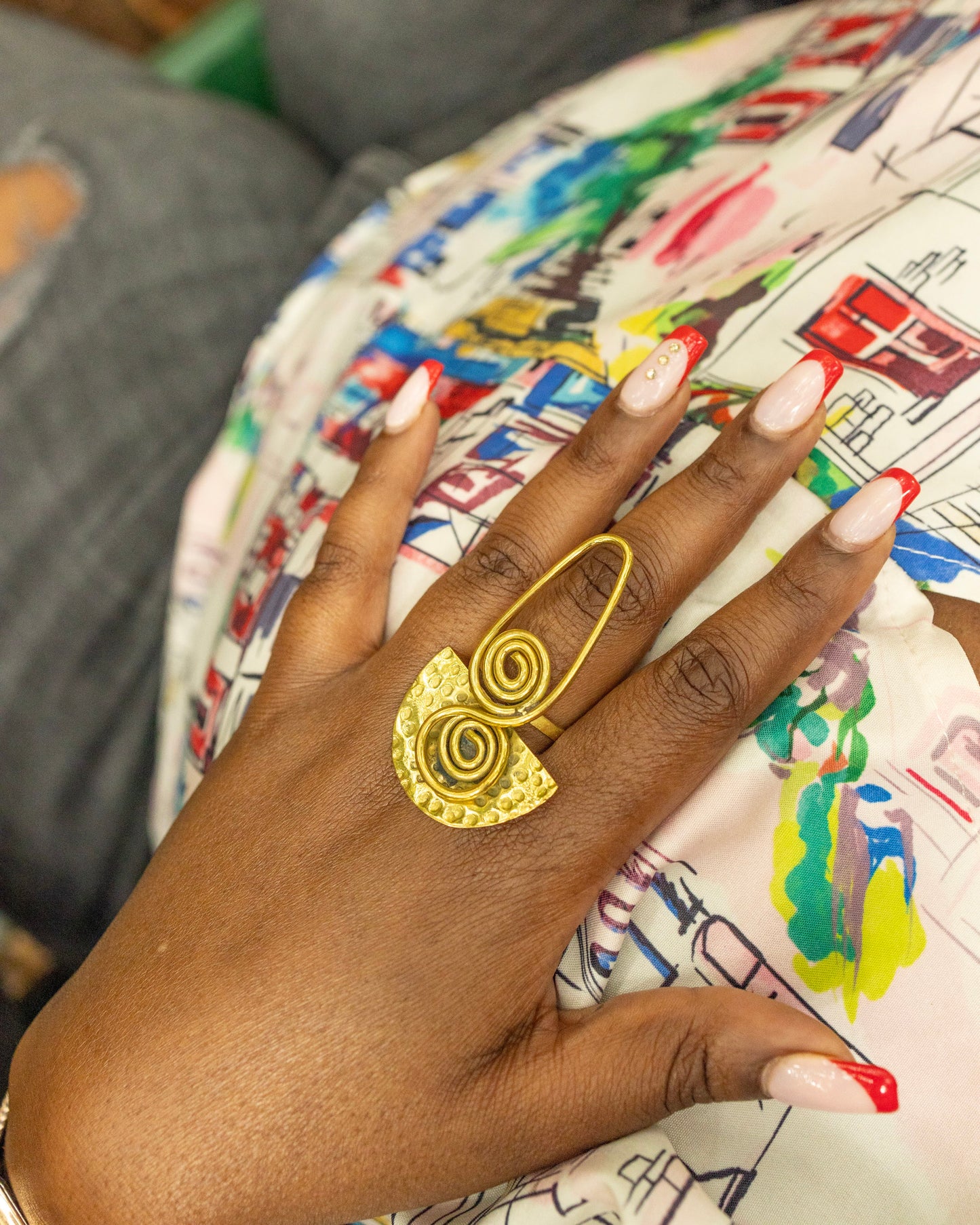 Handcrafted Pure Brass Spiral Half-Moon Statement Ring — Adjustable Double Swirl Hammered Ring | 100% Kenyan Made | Authentic African Jewellery Nairobi