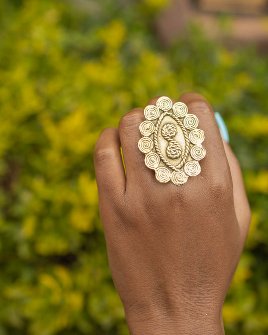Handcrafted Pure Brass Swirl Motif Statement Ring — Large Oval Filigree Ring | 100% Kenyan Made | Authentic African Jewellery Nairobi
