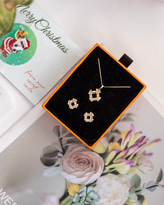 Xupin Rose Gold Lattice Square Jewellery Set for Women — Crystal Necklace & Stud Earrings | Gift Box Included | Valentines Gift Shop Nairobi