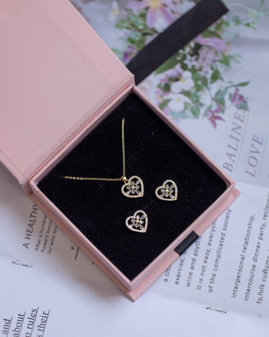 Xupin Rose Gold Crystal Heart Jewellery Set for Women — Floral Sparkle Necklace & Earrings | Gift Box Included | Valentines Gift Shop Nairobi