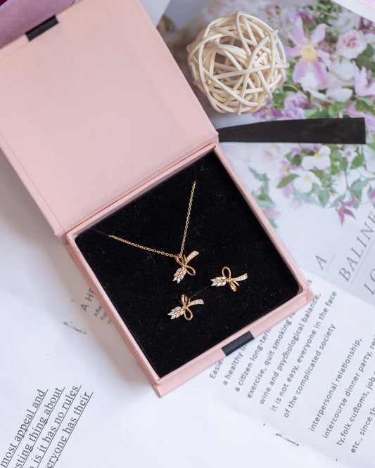 Crystal Bow Necklace & Earring Set | Gold Tone Trendy Ladies Jewellery Gift | Free Gift Box & Personalised Card | Same Day Delivery Nairobi