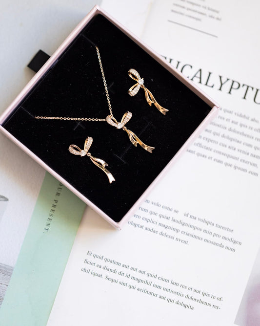 Xupin Bow Jewellery Set — Rose Gold Crystal Necklace & Earrings | Valentines Gift Shop