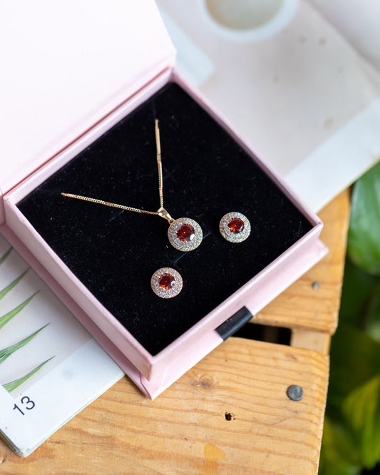 Xupin Red Crystal Halo Jewellery Set — Gold Necklace & Earrings | Hypoallergenic & Tarnish-Free
