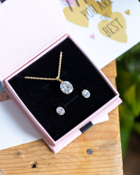 Xupin Solitaire Crystal Jewellery Set — Gold Rope Chain Necklace & Earrings | Hypoallergenic & Tarnish-Free