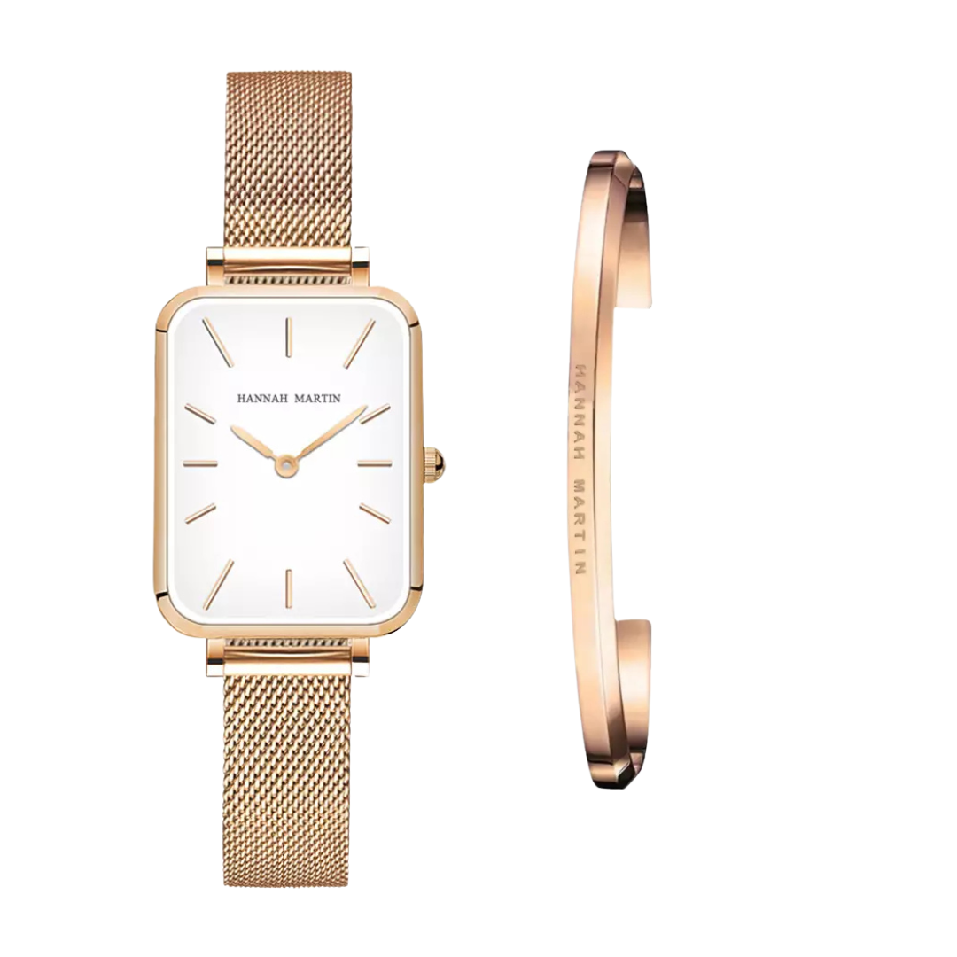 Hannah Martin Luxe White Dial Rose Gold Mesh Watch &amp; Bracelet Gift Set – Elegant Minimalist Jewelry for Women