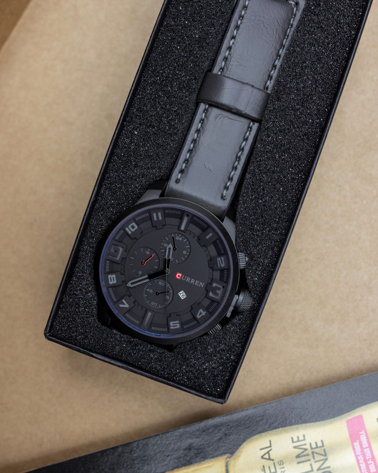 CURREN Men's Stealth Black Dial Watch with Grey Leather Strap – Tactical Chrono Look Timepiece