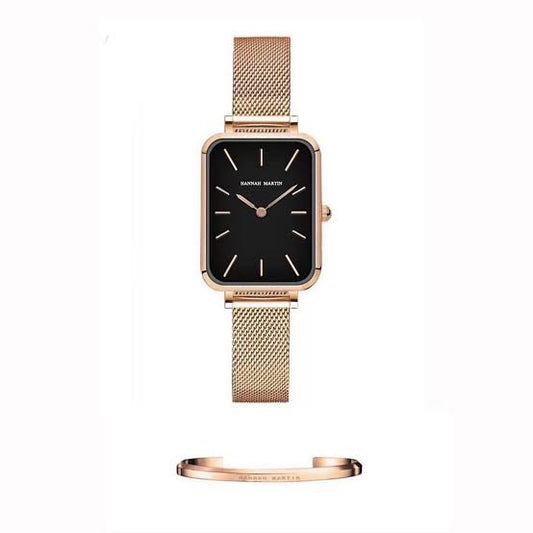 Hannah Martin Elegant Rectangular Rose Gold Mesh Watch & Bracelet Gift Set – Minimalist Women’s Fashion Watch