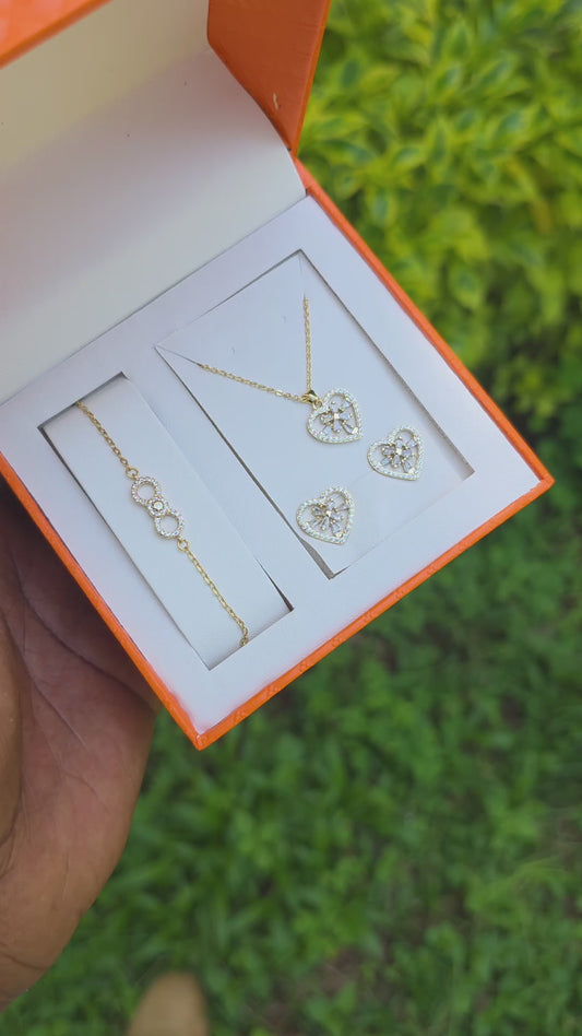 Gold Heart Jewellery Set — Necklace, Earrings & Bracelet | Gift Box Included