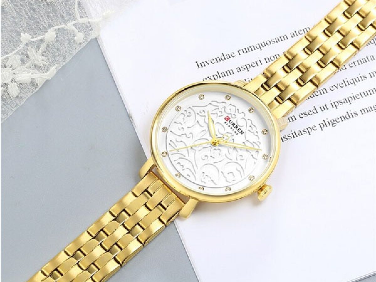 Curren 9046 Ladies Gold Watch – Crystal White Dial Stainless Steel Strap