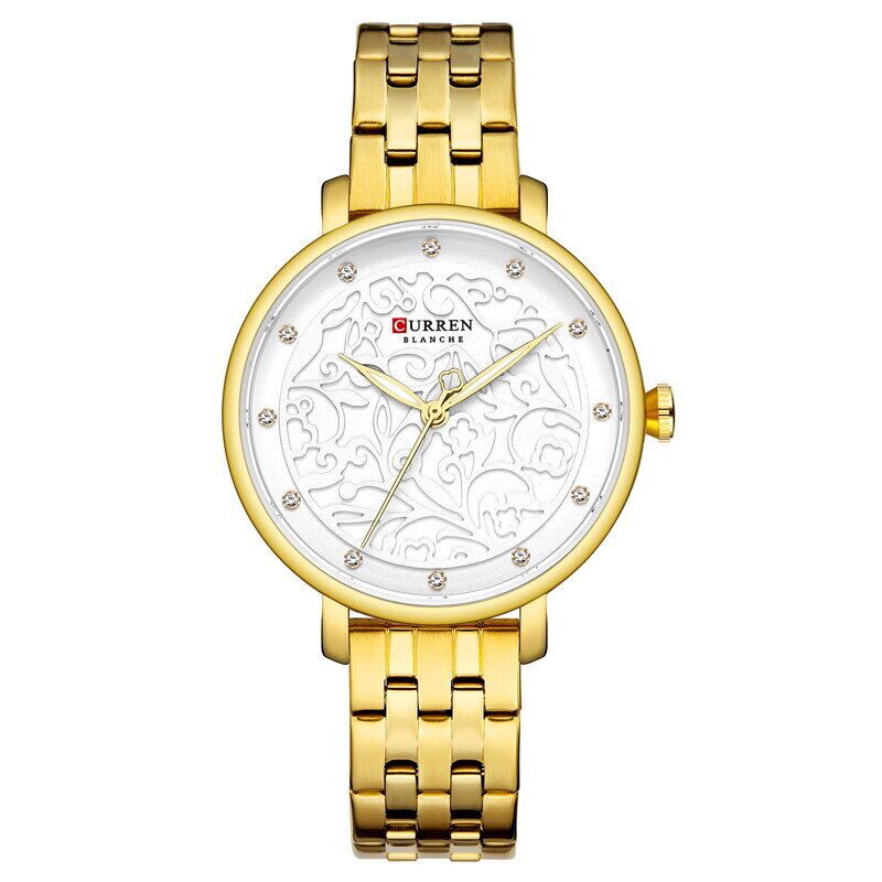 Curren 9046 Ladies Gold Watch – Crystal White Dial Stainless Steel Strap