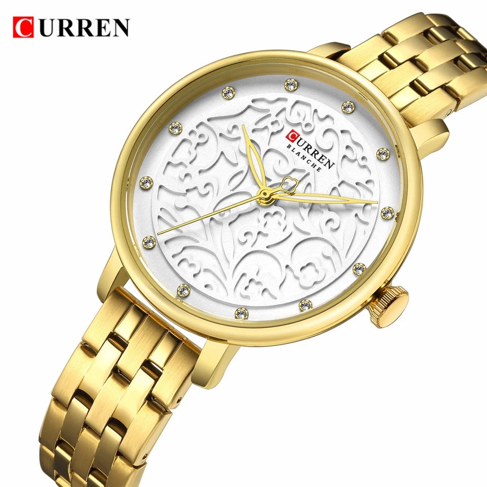 Curren 9046 Ladies Gold Watch – Crystal White Dial Stainless Steel Strap