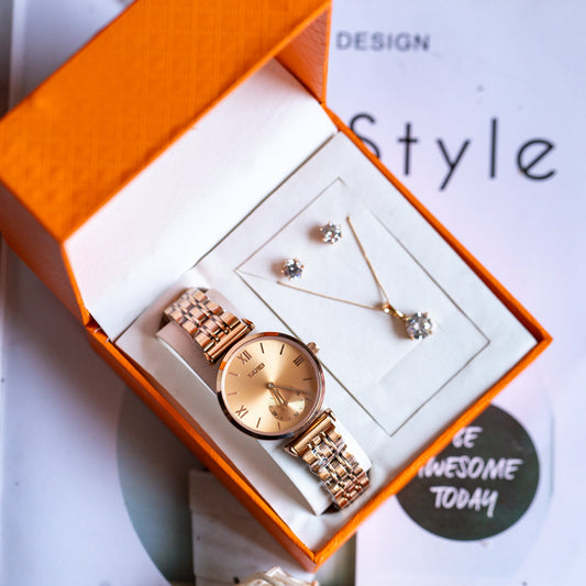 SKMEI Rose Gold Watch & Xuping Jewelry Gift Set | Elegant 3-Piece Set