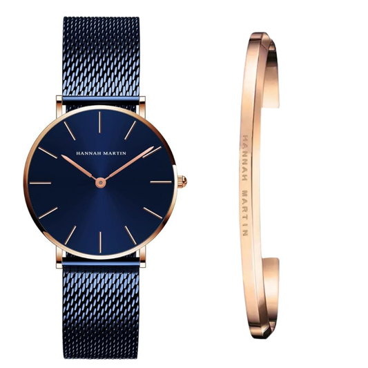 Hannah Martin Ladies Blue Mesh Watch & Bracelet Set – Rose Gold Detail