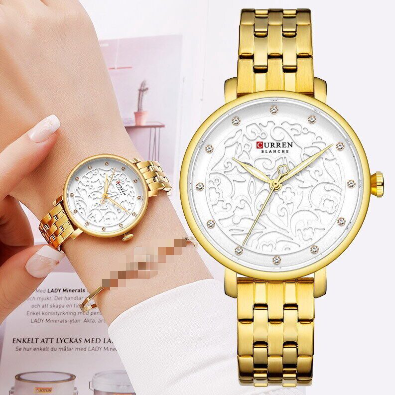 Curren 9046 Ladies Gold Watch – Crystal White Dial Stainless Steel Strap