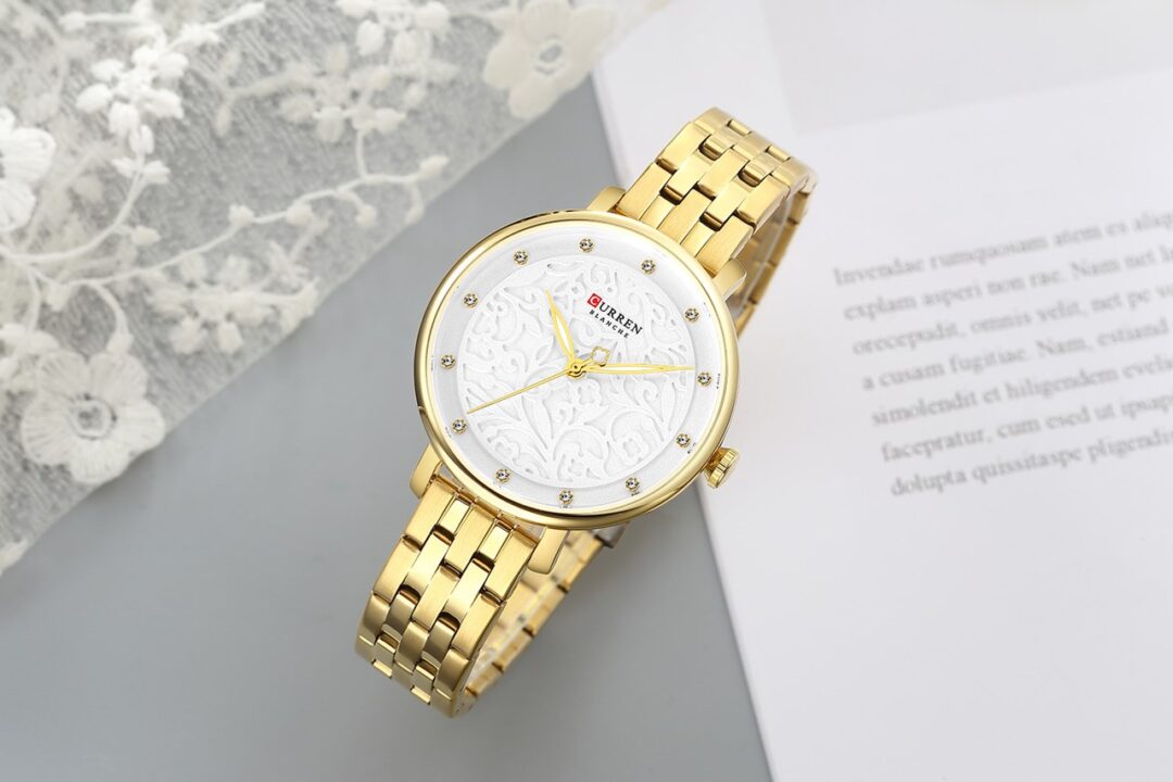 Curren 9046 Ladies Gold Watch – Crystal White Dial Stainless Steel Strap